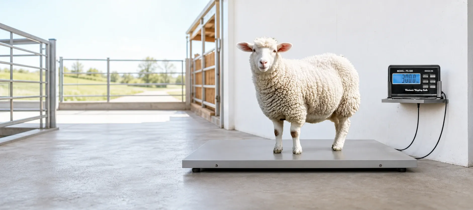 White sheep standing on a large flat livestock weighing platform in a clean farm shed, with a digital weight indicator mounted on the wall beside it and open yard gates in the background.